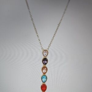 Multi-Gem Teardrop Pendant Necklace - Gold Tone